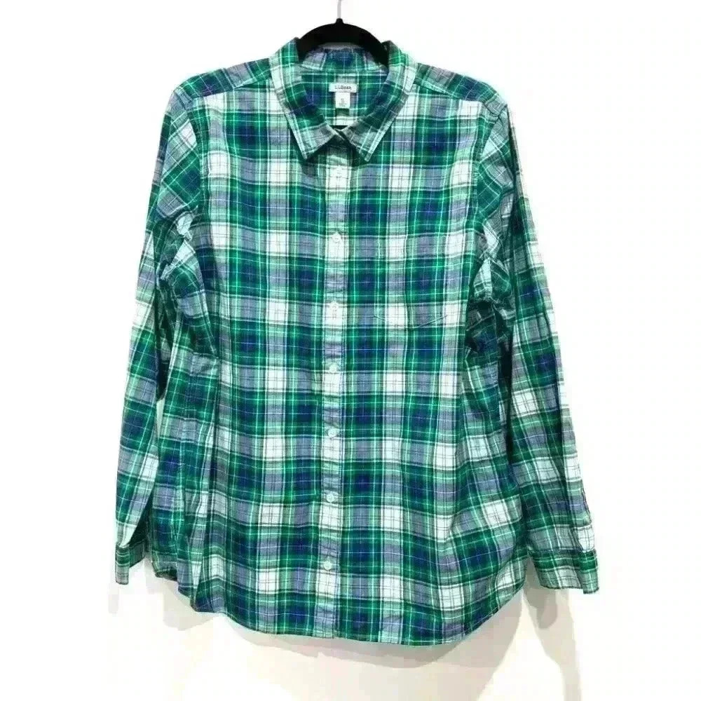 L.L Bean Blue, Green White Plaid Long Sleeve Button Shirt XL